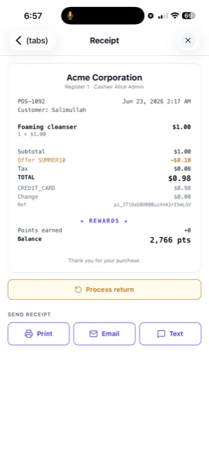 POS receipt showing SUMMER10 offer applied and rewards points earned