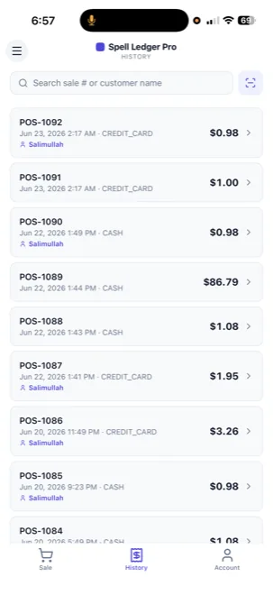 POS sales history list with recent receipts and totals